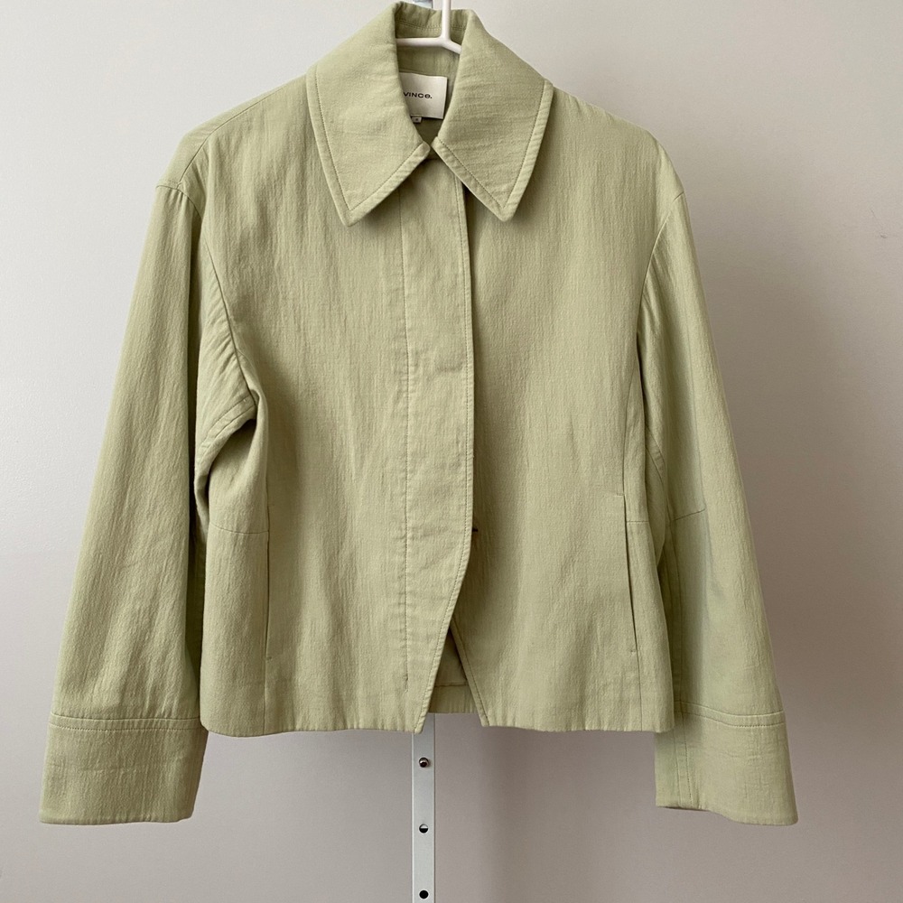 Vince Designer‎ Luxury Old Money 12 Green Linen Button Utility Jacket Minimalist